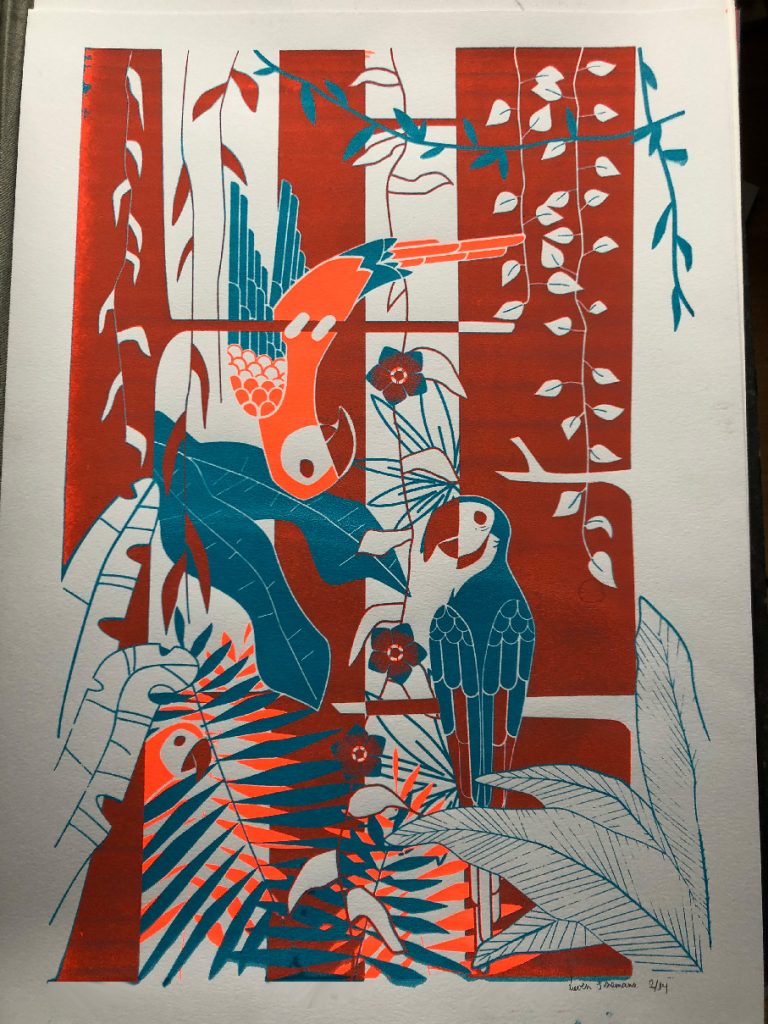 screenprint poster A2 macaws- ungle